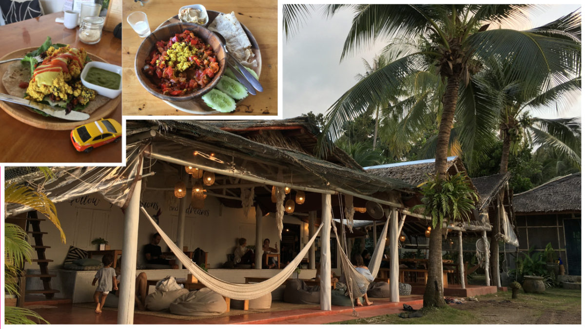 Collage of one big picture with an outside sitting area with hammocks, palm trees, and two small pictures with typical food. 