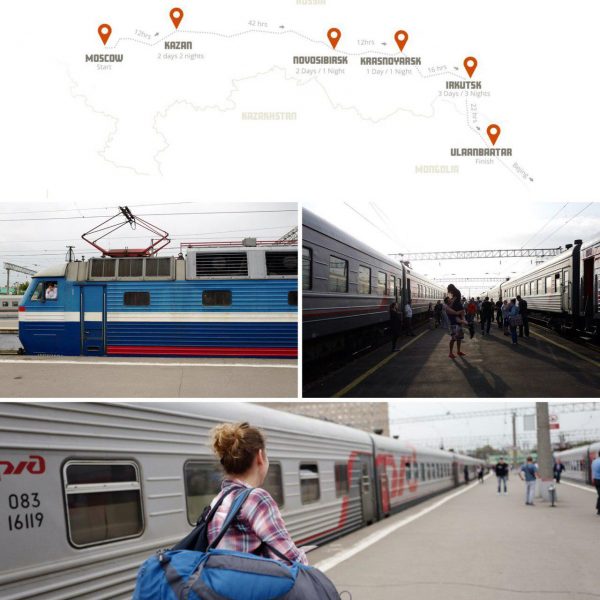 Map of train route. Picture of train at the station. Picture of couple embracing at the train station. Picture of girl walking to the train to board, holding her luggage.